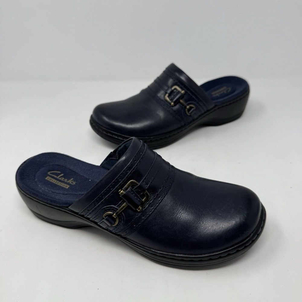 Clarks Navy Blue Pilgrim Buckle Clogs Shoes 26101760 Women's 7.5 N